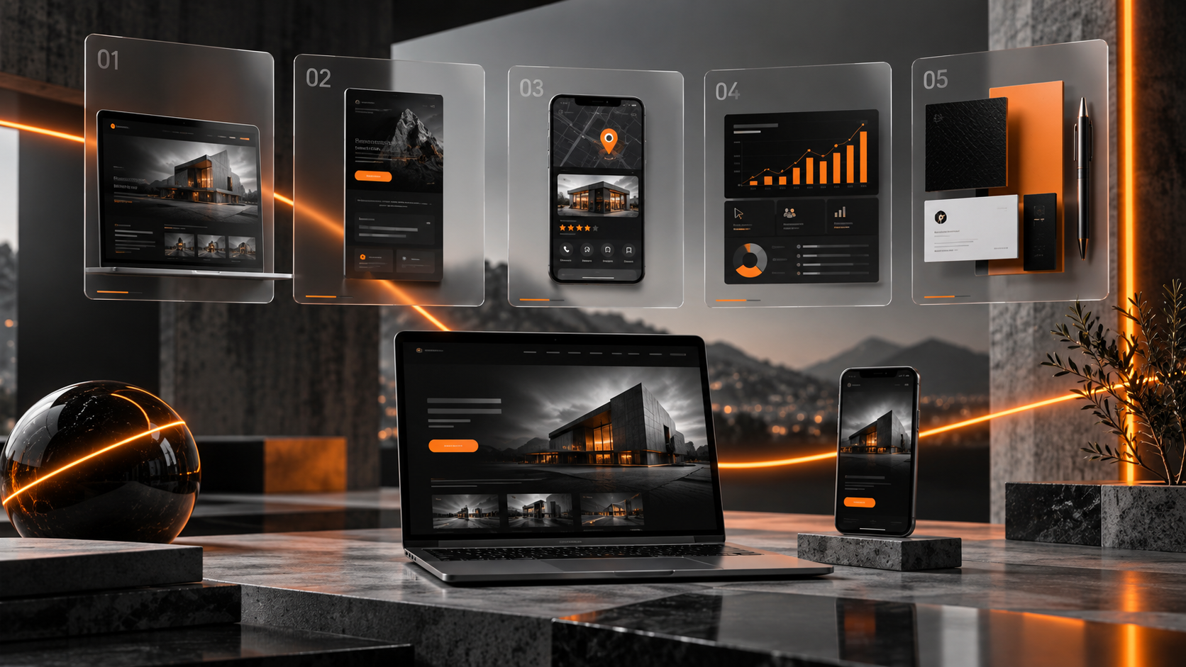 Composição tecnológica com telas, painéis e cartões representando serviços digitais da Connect Flow